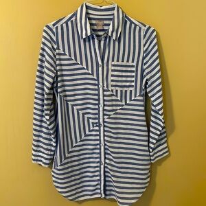 Chico’s Blue and White Striped Long Button Down Tunic Blouse Size S